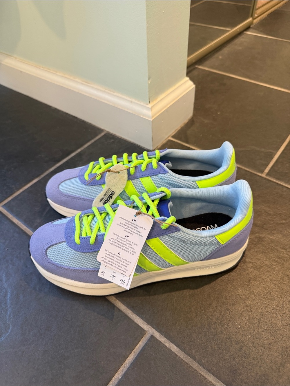 adidas Lavender and Neon Green Retro Runner Sneakers